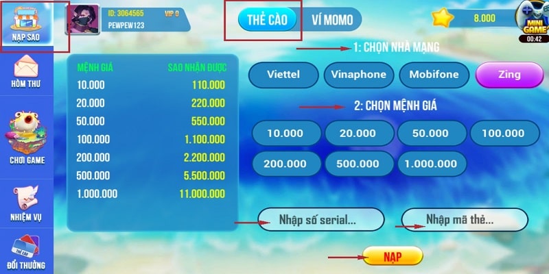 Nạp tiền vào game bắn cá nạp sms