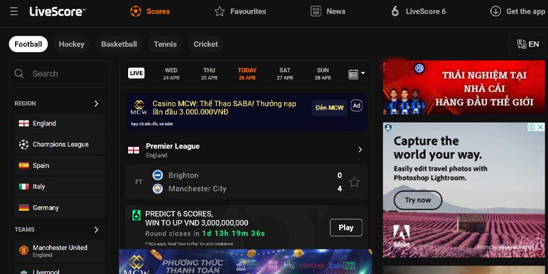 Giao diện đơn giản, dễ thao tác của livescore soccer scores